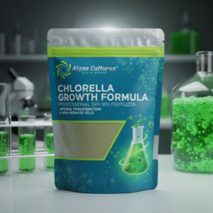 Package of Chlorella Growth Formula dry mix fertilizer with a laboratory background.