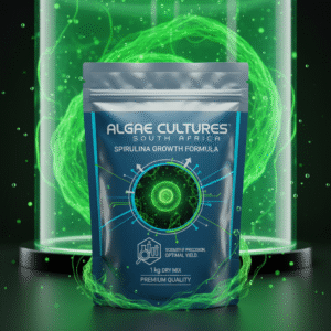 Package of Spirulina Growth Formula with a green design and scientific graphics.